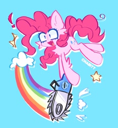 Size: 2176x2344 | Tagged: safe, artist:chabitt4, imported from derpibooru, earth pony, pony, blue background, chainsaw, full body, holding, lesbian ponies with weapons, open mouth, open smile, rainbow, simple background, smiling, solo