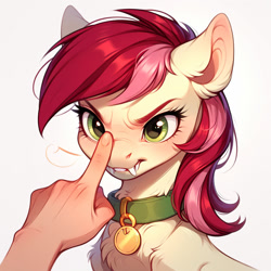 Size: 1024x1024 | Tagged: safe, imported from derpibooru, roseluck, earth pony, pony, ai content, ai generated, angry, behaving like a cat, boop, collar, fangs, fluffy, generator:pony diffusion v6 xl, generator:stable diffusion, hand, offscreen character, offscreen human, pet tag, pony pet, prompter:doom9454, rosepet