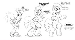 Size: 2400x1292 | Tagged: safe, artist:redflare500, imported from derpibooru, pinkie pie, anthro, earth pony, human, unguligrade anthro, arm hooves, grayscale, happy, human to anthro, living clothes, living suit, monochrome, offscreen character, ponysuit, speech bubble, transformation, transformation sequence