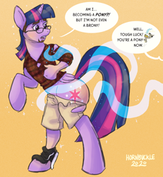 Size: 958x1035 | Tagged: safe, artist:hornbuckle, imported from derpibooru, discord, twilight sparkle, alicorn, human, pony, clothes, confused, dialogue, glasses, human to pony, magic, offscreen character, solo, speech bubble, transformation, twilight sparkle (alicorn)