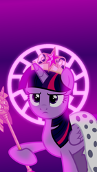 Size: 720x1280 | Tagged: safe, artist:kevinerino, imported from twibooru, twilight sparkle, alicorn, unicorn, background, big crown thingy, black sun, cellphone, colored background, element of magic, gradient background, ibispaint x, image, jewelry, mobile, mobile wallpaper, phone, png, regalia, solo, twibooru exclusive, twilight sparkle (alicorn), twilight's scepter, uploader:mappingvd, wallpaper