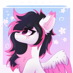 Size: 3200x3171 | Tagged: safe, artist:gaffy, imported from derpibooru, oc, oc only, oc:lunylin, pegasus, abstract background, chest fluff, ear fluff, flower, passepartout, pegasus oc, smiling, solo, wings