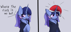 Size: 2120x974 | Tagged: safe, artist:naza, imported from derpibooru, oc, oc:flawless sparklemoon, pony, unicorn, christmas, cloak, clothes, female, fusion, fusion:trixie, fusion:twilight sparkle, fusion:twixie, hat, holiday, horn, magician outfit, my little pony the movie: the death of twilight sparkle, santa hat, simple background, solo, swearing, unicorn oc, vulgar