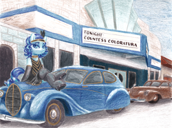 Size: 3576x2664 | Tagged: safe, artist:dandy, imported from derpibooru, coloratura, earth pony, pony, 20s, 30s, art deco, art pack, car, choker, clothes, colored pencil drawing, crossed hooves, dress, eyeshadow, female, high res, makeup, mare, modern art, shoes, sitting, socks, solo, stockings, text, theater, thigh highs, traditional art