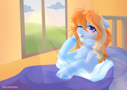 Size: 4093x2894 | Tagged: safe, artist:jjsh, imported from derpibooru, oc, oc only, oc:aurelia coe, earth pony, pony, bed, blanket, cloud, female, field, high res, indoors, lineless, looking at you, lying down, mare, open mouth, pillow, sky, solo, sun, sunrise, teeth, window, yawn