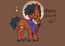 Size: 1908x1368 | Tagged: safe, artist:arsonrabbit, imported from derpibooru, oc, oc only, oc:apple oolong, pony, unicorn, blue eyes, blue hair, blue hooves, blue mane, blue tail, brown coat, circle background, clothes, digital art, ear piercing, facial hair, freckles, goatee, hooves, horn, looking back, male, piercing, signature, solo, stallion, tail, unicorn oc, vest