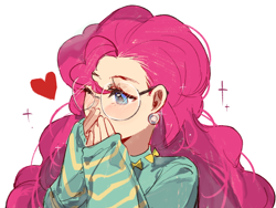 Size: 2160x1620 | Tagged: safe, artist:wumingshi61160, imported from derpibooru, pinkie pie, human, clothes, ear piercing, earring, glasses, hand over mouth, heart, humanized, jewelry, long sleeves, one eye closed, piercing, simple background, solo, sweater, upper body, white background