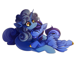 Size: 3890x3000 | Tagged: artist needed, safe, imported from derpibooru, oc, oc:blue shade, oc:nighttime wishes, pegasus, unicorn, cheek squish, colored hooves, commission, cuddling, eyes closed, hooves, horn, smiling, spread wings, squishy cheeks, wholesome, wings