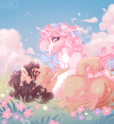 Size: 2400x2600 | Tagged: safe, artist:roselord, imported from derpibooru, oc, oc only, alicorn, earth pony, pegasus, pony, unicorn, chest fluff, commission, couple, cute, ear fluff, flower, fluffy, horn, solo, ych result