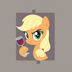 Size: 1024x1024 | Tagged: safe, imported from derpibooru, applejack, earth pony, pony, ai content, ai generated, alcohol, bust, classy, eyebrows, generator:pony diffusion v6 xl, generator:stable diffusion, glass, hoof hold, lineless, looking at you, portrait, prompter:foxpony, raised eyebrow, solo, wine, wine glass