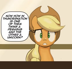 Size: 1798x1728 | Tagged: safe, artist:_ton618_, imported from derpibooru, applejack, earth pony, pony, baby cakes, bust, female, mare, my little pony, scene interpretation, solo, speech bubble, talking to viewer