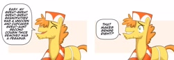 Size: 4096x1421 | Tagged: safe, artist:_ton618_, imported from derpibooru, carrot cake, earth pony, pony, baby cakes, comic, dialogue, eyes closed, male, my little pony, scene interpretation, solo, speech bubble, stallion