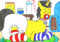 Size: 3049x2140 | Tagged: safe, artist:bitter sweetness, imported from derpibooru, oc, oc only, oc:bitter sweetness, unicorn, abdl, adult foal, armchair, baby bottle, chair, clothes, diaper, diaper fetish, eyes closed, fetish, furniture, horn, non-baby in diaper, onomatopoeia, pacifier, poofy diaper, sleeping, socks, solo, sound effects, striped socks, traditional art, wooden floor, zzz