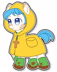 Size: 1642x2053 | Tagged: safe, artist:noz, imported from derpibooru, earth pony, pony, bead necklace, boots, clothes, cross, cross necklace, female, filly, foal, jewelry, luce, necklace, outline, ponified, raincoat, shoes, simple background, smiling, solo, vatican, white background, white outline