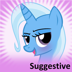 Size: 1024x1024 | Tagged: safe, artist:the smiling pony, imported from derpibooru, trixie, pony, unicorn, derpibooru, bedroom eyes, blushing, bust, eyebrows, female, horn, looking at you, mare, meta, meta:suggestive, official spoiler image, open mouth, open smile, portrait, smiling, smiling at you, solo, spoilered image joke, text