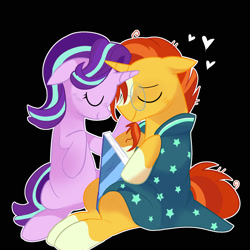 Size: 2000x2000 | Tagged: artist needed, safe, imported from derpibooru, starlight glimmer, sunburst, unicorn, book, cloak, clothes, coat markings, facial hair, female, floating heart, floppy ears, glasses, goatee, heart, horn, male, original art, shipping, smiling, socks (coat markings), starburst, straight, sunburst's cloak, sunburst's glasses