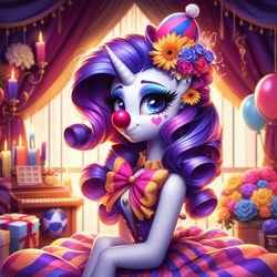 Size: 1024x1024 | Tagged: safe, imported from derpibooru, rarity, anthro, unicorn, ai content, ai generated, arm hooves, balloon, bowtie, candle, clothes, clown, clown nose, curtains, female, flower, flower in hair, generator:bing image creator, generator:dall-e 3, hat, horn, indoors, mare, musical instrument, piano, prompter:heydude5321, red nose, solo