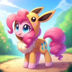 Size: 1024x1024 | Tagged: safe, imported from derpibooru, pinkie pie, earth pony, eevee, ai content, ai generated, clothes, costume, female, pokémon, prompter:bluey2309