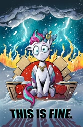 Size: 780x1180 | Tagged: safe, artist:andy price, idw, imported from derpibooru, zipp storm, pegasus, pony, comic, comic cover, cover, cover art, crown, fire, floppy ears, g5, jewelry, lightning, meme, my little pony: the storm of zephyr heights, official, official comic, queen zipp storm, regalia, snow, snowfall, storm, the storm of zephyr heights #1, this is fine, throne, weather