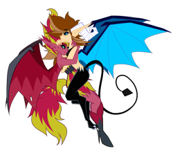 Size: 4300x3800 | Tagged: safe, artist:vitaltoast, derpibooru exclusive, imported from derpibooru, sunset shimmer, oc, oc:flamera, demon, human, equestria girls, black sclera, canon x oc, cuddling, demon form, demon horns, demon wings, devil tail, duo, fangs, female, flameset, horns, hug, humanized, lesbian, sharp teeth, shipping, simple background, slit pupils, smiling, sunset satan, tail, teeth, transparent background, wings