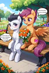 Size: 3072x4608 | Tagged: source needed, safe, imported from derpibooru, rumble, scootaloo, pegasus, pony, ai assisted, ai content, ai generated, bench, blushing, cloud, female, flower, male, prompter:the emissary, rumbloo, shipping, straight, tree