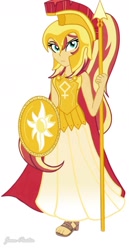 Size: 791x1536 | Tagged: safe, artist:jenna56, imported from derpibooru, sunset shimmer, human, equestria girls, athena, greek mythology, helmet, shield, simple background, solo, spear, weapon, white background