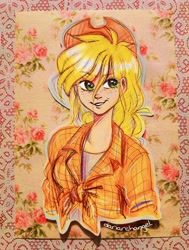 Size: 2256x2991 | Tagged: safe, artist:dariarchangel, imported from derpibooru, applejack, human, applejack's hat, bangs, beautiful, blonde, blonde hair, bust, clothes, cowboy hat, cute, cute face, cute smile, eyebrows, eyebrows visible through hair, female, flannel shirt, flower, freckles, front knot midriff, green eyes, hat, human coloration, humanized, jackabetes, long bangs, messy hair, midriff, patterned background, photo, portrait, pretty, shirt, sketch, smiling, smirk, solo, stetson, t-shirt, traditional art, woman