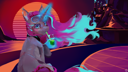 Size: 2560x1440 | Tagged: safe, artist:krapinkaius, imported from derpibooru, oc, oc only, bat pony, bat pony unicorn, hybrid, pony, unicorn, bat pony oc, bat wings, canterlot, choker, commission, cyberpunk, drink, drinking, ear piercing, ear tufts, earring, error, flowing mane, glasses, glitch, grid, horn, jewelry, looking at you, magic, mountain, piercing, retrowave, road, scenery, shutter shades, sitting, straw, sun, sunglasses, sunset, synthwave, telekinesis, unicorn oc, wings