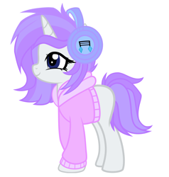 Size: 3256x3416 | Tagged: safe, artist:tkn297, imported from derpibooru, oc, oc:pastel note, pony, unicorn, clothes, female, headphones, hoodie, horn, mare, parents:rariscratch, solo