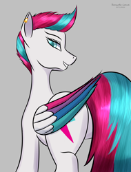 Size: 1900x2500 | Tagged: safe, artist:renarde-louve, imported from derpibooru, zipp storm, pegasus, pony, colored wings, ear piercing, earring, eyebrows, eyelashes, female, folded wings, g5, grin, jewelry, long tail, mare, multicolored wings, piercing, slender, smiling, solo, strategically covered, tail, tail censor, teeth, thin, wings