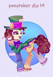 Size: 1984x2880 | Tagged: safe, artist:zackchibi, imported from derpibooru, cheese sandwich, earth pony, pony, alice in wonderland, clothes, costume, cup, halloween, halloween costume, hat, holiday, mad hatter, makeup, male, one eye closed, open mouth, open smile, ponytober, ponytober 2024, signature, smiling, solo, stallion, teacup, top hat, wink