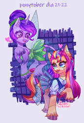 Size: 1984x2880 | Tagged: safe, artist:zackchibi, imported from derpibooru, izzy moonbow, sunny starscout, earth pony, pony, unicorn, duo, duo female, fairy costume, female, frankenstein, frankenstein's monster, g5, high res, horn, mare, ponytober 2024, simple background, text, white background