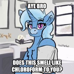 Size: 1066x1068 | Tagged: safe, artist:reddthebat, imported from derpibooru, trixie, pony, unicorn, bathroom, chest fluff, chloroform, ear fluff, facial markings, female, horn, indoors, lidded eyes, looking at you, mare, mealy mouth (coat marking), rag, smiling, smiling at you, solo, text