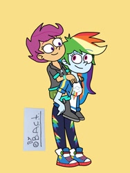 Size: 780x1040 | Tagged: safe, artist:garybaldor, imported from derpibooru, rainbow dash, scootaloo, human, equestria girls, clothes, converse, eyebrows, eyebrows visible through hair, female, hoodie, shoes, signature, simple background, sneakers, wristband, yellow background