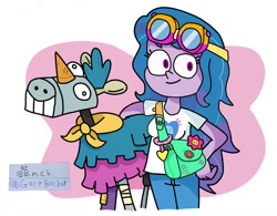 Size: 1024x798 | Tagged: safe, artist:garybaldor, imported from derpibooru, izzy moonbow, human, equestria girls, bag, clothes, cutie mark, cutie mark on clothes, denim, equestria girls-ified, g5, g5 to g4, generation leap, izzy's crafting glasses, jeans, pants, señor butterscotch, shirt, signature, smiling