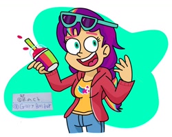 Size: 1024x817 | Tagged: safe, artist:garybaldor, imported from derpibooru, sunny starscout, human, equestria girls, clothes, cutie mark, cutie mark on clothes, denim, drink, equestria girls-ified, female, g5, g5 to equestria girls, g5 to g4, generation leap, hoodie, jeans, pants, signature, smiling, smoothie, solo, sunglasses