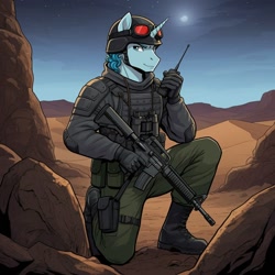 Size: 1024x1024 | Tagged: safe, imported from derpibooru, party favor, anthro, plantigrade anthro, series:g.i. pony: a real equestrian hero, ai content, ai generated, assault rifle, body armor, clothes, cosplay, costume, desert, g.i. joe, generator:google imagen 3.0, gun, helmet, kneeling, male, military uniform, moon, night, night force, outdoors, prompter:zerowinger, rifle, rock, smiling, sneak peek (gi joe), solo, uniform, walkie talkie, weapon