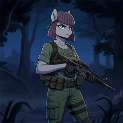 Size: 1024x1024 | Tagged: safe, imported from derpibooru, maud pie, anthro, earth pony, series:g.i. pony: a real equestrian hero, ai content, ai generated, assault rifle, clothes, cosplay, costume, fatigues, female, forest, g.i. joe, generator:google imagen 3.0, gloves, gun, nature, night, night force, outback, outdoors, prompter:zerowinger, rifle, shirt, solo, t-shirt, tree, weapon