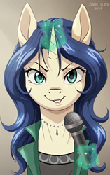 Size: 678x1078 | Tagged: safe, artist:lennonblack, imported from derpibooru, pony, unicorn, clothes, etsuko yamanobe, female, glowing, glowing horn, hana no joshi announcer:newscaster etsuko, horn, jewelry, lipstick, magic, mare, microphone, necklace, newscaster, ponified, signature, smiling, smirk, solo, telekinesis