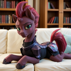 Size: 1024x1024 | Tagged: safe, imported from derpibooru, tempest shadow, pony, unicorn, ai content, ai generated, anonymous prompter, armor, book, bookshelf, broken horn, clothed ponies, couch, female, fit, horn, looking at you, lying down, mare, prone, side view, slender, solo, sploot, thin