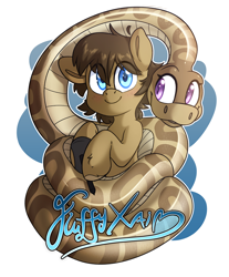 Size: 3400x4100 | Tagged: safe, artist:fluffyxai, imported from derpibooru, oc, oc:anika, oc:spirit wind, earth pony, snake, blushing, coils, friends, looking at each other, looking at someone, looking at you, smiling