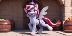 Size: 2048x1024 | Tagged: safe, imported from derpibooru, sugar moonlight, earth pony, pony, ai content, ai generated, anonymous prompter, barrel, cap, cute, fake wings, female, food, g5, happy, hat, mare, orange, outdoors, raised hoof, solo, unshorn fetlocks