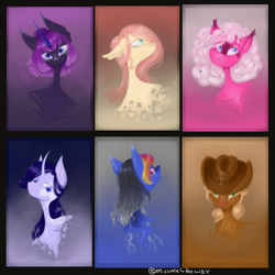 Size: 1900x1900 | Tagged: safe, artist:missme4theway, imported from derpibooru, applejack, fluttershy, pinkie pie, rainbow dash, rarity, twilight sparkle, earth pony, pegasus, pony, unicorn, bobcut, bust, female, horn, mane six, mare, portrait, redesign, short hair, signature