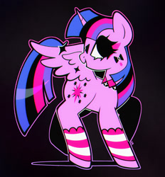 Size: 1393x1502 | Tagged: safe, artist:vivian reed, imported from derpibooru, twilight sparkle, alicorn, pony, alternate cutie mark, choker, clothes, colored, dark background, face paint, female, flat colors, leg warmers, mare, no catchlights, no iris, open mouth, open smile, ponymania, smiling, solo, sparkles, sparkly wings, spread wings, standing on two hooves, striped leg warmers, turned head, twilight sparkle (alicorn), wings