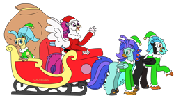 Size: 3096x1750 | Tagged: safe, artist:supahdonarudo, imported from derpibooru, princess skystar, queen novo, oc, oc:icebeak, oc:sea lilly, classical hippogriff, hippogriff, my little pony: the movie, bell, christmas, clothes, costume, hat, holiday, looking at each other, looking at someone, sack, santa costume, santa hat, shoes, simple background, sleigh, transparent background