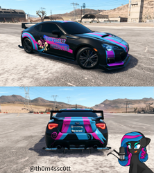 Size: 957x1080 | Tagged: safe, artist:caoscore, artist:snowy starshine, imported from derpibooru, oc, oc only, oc:obabscribbler, earth pony, pony, airfield, car, eyeshadow, headphones, makeup, microphone, mountain, mountain range, need for speed, open mouth, signature, smiling, solo