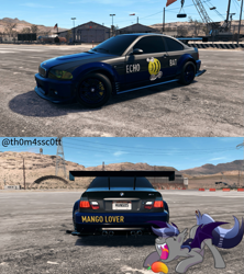 Size: 957x1080 | Tagged: safe, artist:diniarvegafinahar, artist:snowy starshine, imported from derpibooru, oc, oc:echo, bat pony, pony, airfield, bmw m3 gtr, car, fangs, food, herbivore, mango, mountain, mountain range, need for speed, open mouth, signature, sky, solo, tongue out