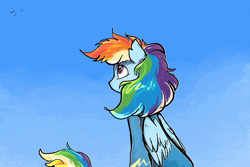 Size: 1500x1000 | Tagged: safe, alternate version, artist:jehr, imported from derpibooru, rainbow dash, bird, pegasus, pony, blue sky, clothes, cloud, cute, day, ear fluff, eyelashes, feelings, female, fluffy, fluffy tail, gradient background, heart, heart eyes, long tail, looking away, looking up, mare, noise, nostalgia, on a cloud, outdoors, pink eyes, sitting, sitting on a cloud, sky, sky background, solo, tail, uniform, wind, wingding eyes, wings, wonderbolts, wonderbolts uniform