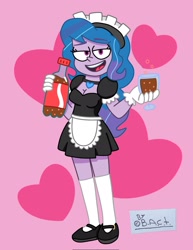 Size: 1577x2048 | Tagged: safe, artist:garybaldor, imported from derpibooru, izzy moonbow, human, equestria girls, clothes, cup, equestria girls-ified, g5, g5 to equestria girls, g5 to g4, generation leap, glass, gloves, heart, heart background, lidded eyes, maid, maid headdress, shoes, smiling, socks, soda, solo, stockings, thigh highs, two toned background