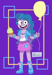 Size: 1413x2050 | Tagged: safe, artist:garybaldor, imported from derpibooru, izzy moonbow, human, equestria girls, balloon, breasts, clothes, cosplay, costume, cupcake, equestria girls outfit, equestria girls-ified, female, food, g5, g5 to equestria girls, g5 to g4, generation leap, happy, open mouth, open smile, signature, smiling, solo